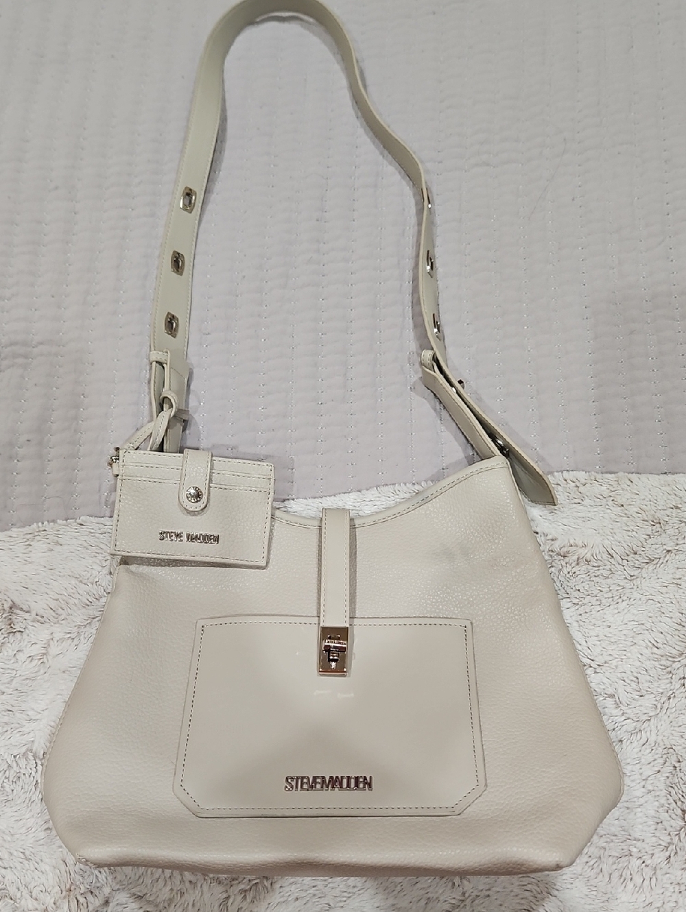 Steve Madden Ivory Leather Shoulder Bag with Front Pocket